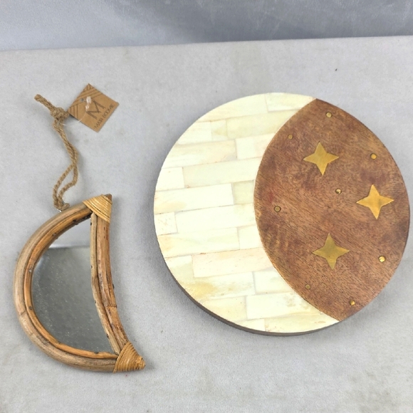 NWT Matr Boomie Fair Trade Rustic Moon Mirror & Moon & Star Plate Decor Set - Picture 1 of 6
